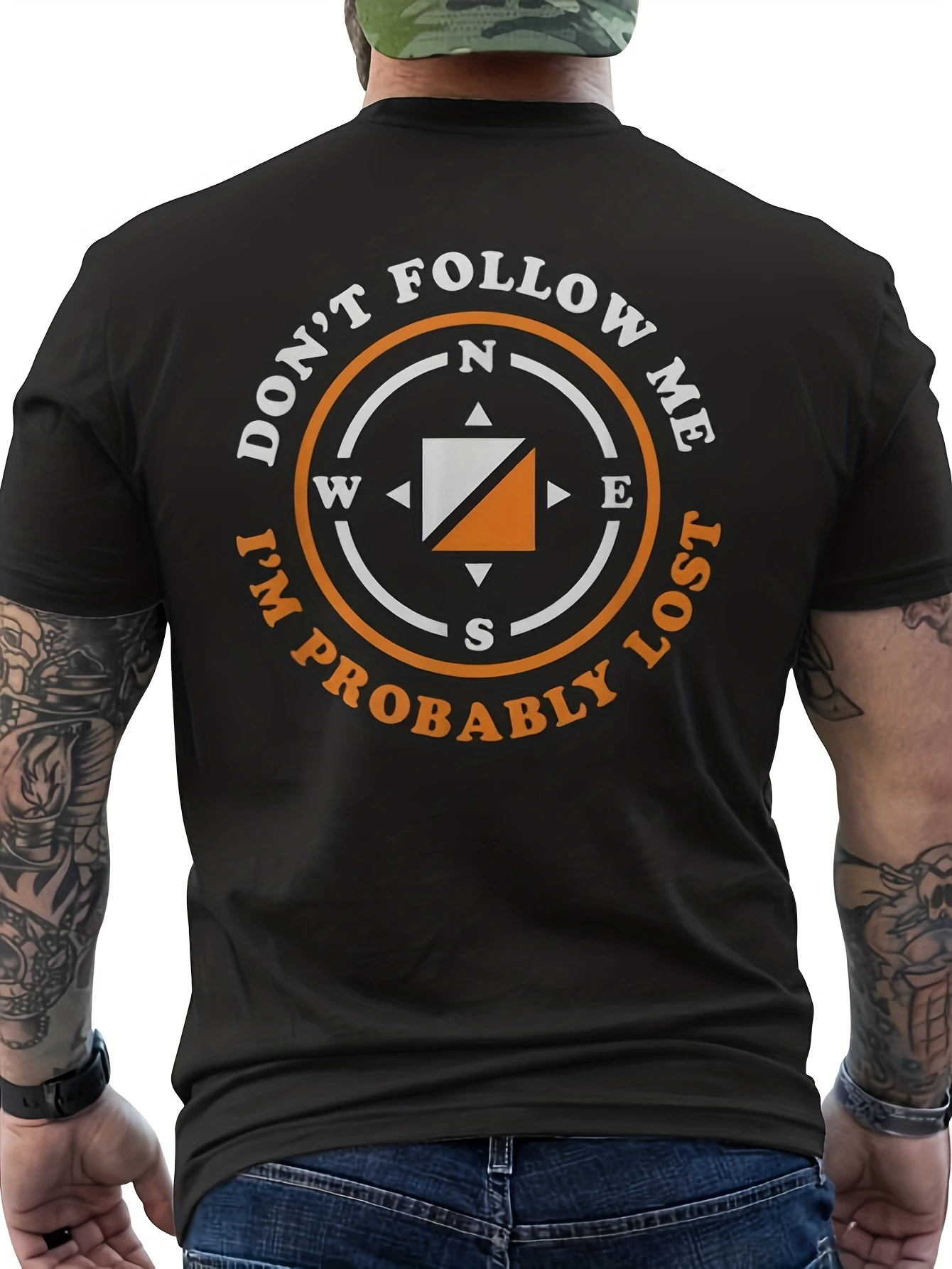 Men's Fun 'Don't Leave Me Behind' Orienteering Off road T-shirt with Compass Rose Pattern Loose Leisure Outdoor Adventure Style