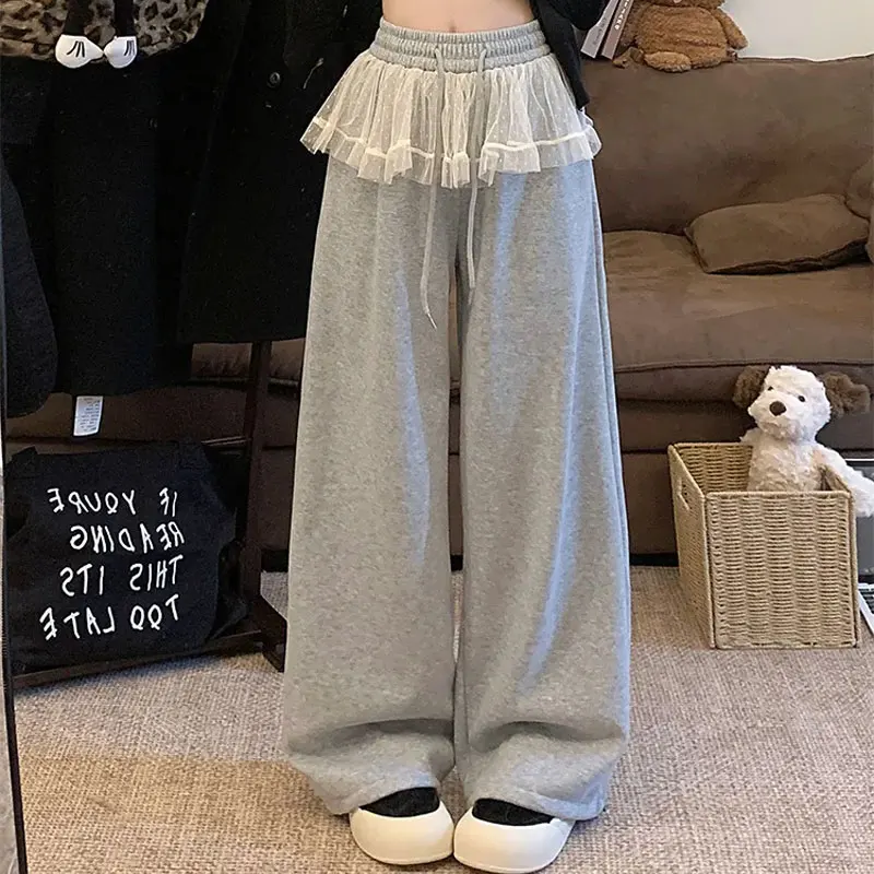 Female Clothing Fashion Lace Sweatpants Patchwork Autumn Winter Lace-up Casual Pants Loose Wide Leg Basic Solid Color Trousers