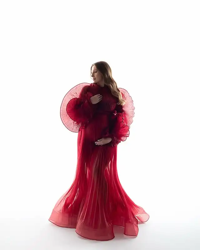 Burgundy จีบ 2 ชิ้นชุดถ่ายภาพ Sheer Organza ชุดคลุมท้องеการตั้งครรภ์ชุดเครื่องแต่งกาย