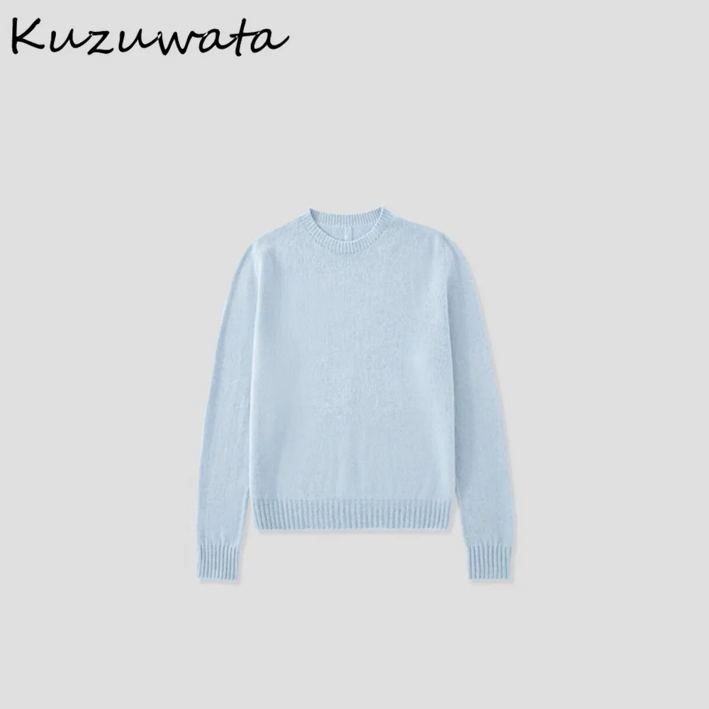 

Kuzuwata, однотонные простые офисные женские пуловеры, свободный вязаный джемпер с круглым вырезом и длинными рукавами, японская повседневная майка, универсальные топы