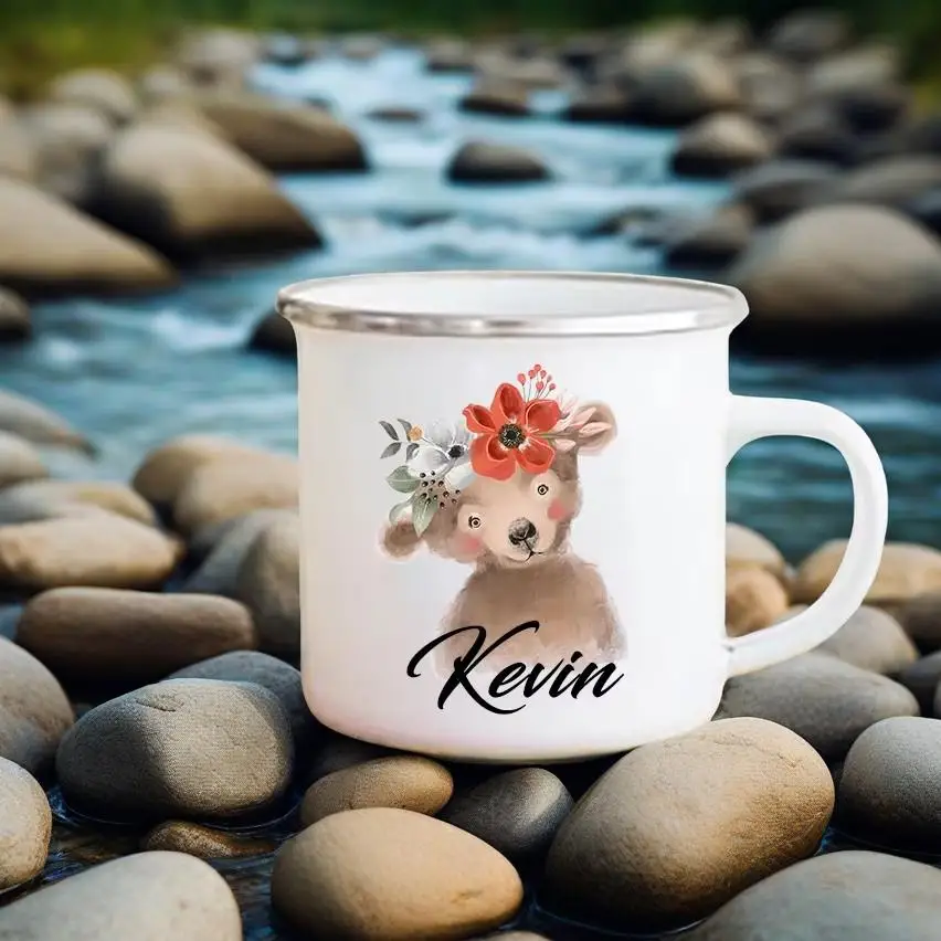 

Personalised Owl Animal Print Coffee Cup for Women Gift Custom Camping Enamel Mug Cute Deer Tiger with Name Enamel Gifts for Kid