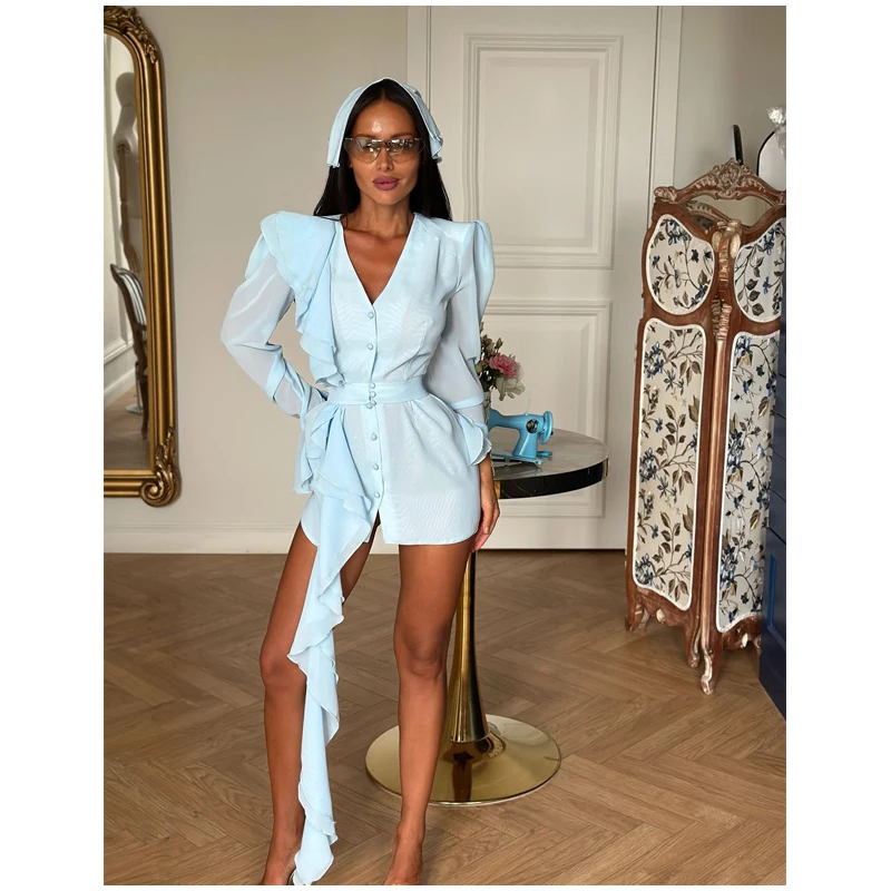2026 Light Blue Ruffled Chiffon Dress V-neck Puff Long Sleeve Flutter Waist-cinching Mini Dresses Date Vacation Fashion Vestidos
