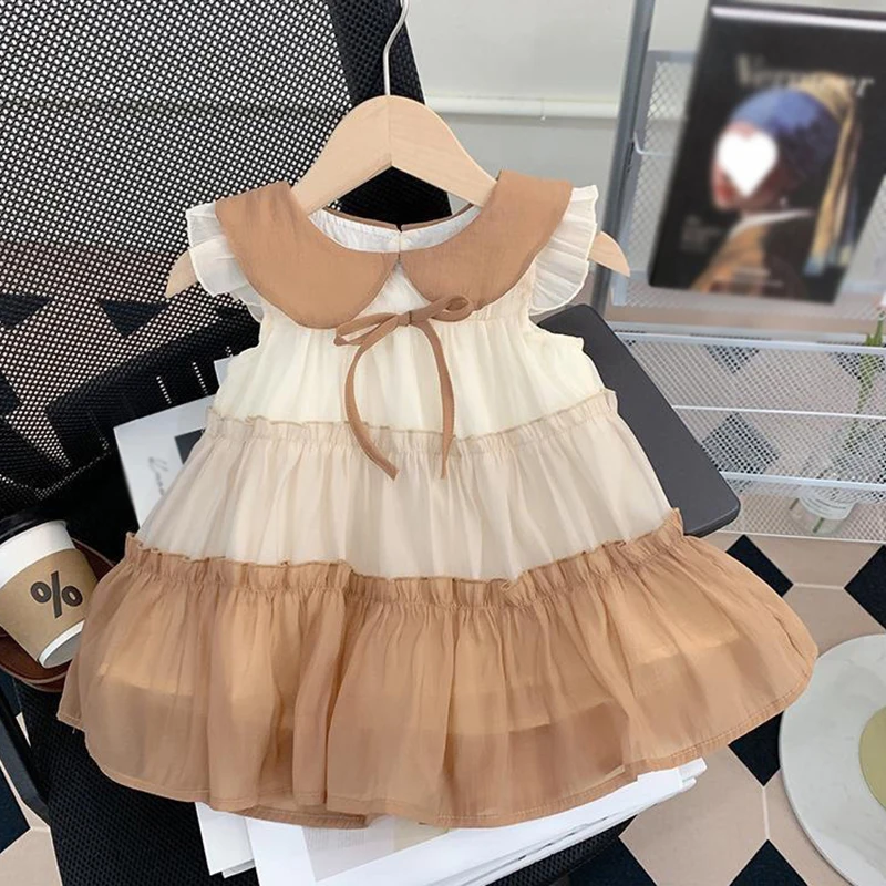 1-8T Summer Girls Dress Flying Sleeve Bow Loose Casual Dresses Sleeveless Splicing Tulle Dresses Children Princess Cake Vestidos