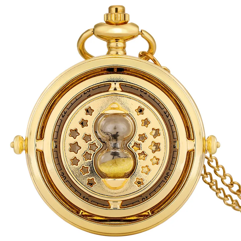 Luxury Yellow Gold Sandglass Design Unisex Quartz Analog Pocket Watch Alloy Fob Chain Arabic Number Timepiece Reloj De Bolsillo