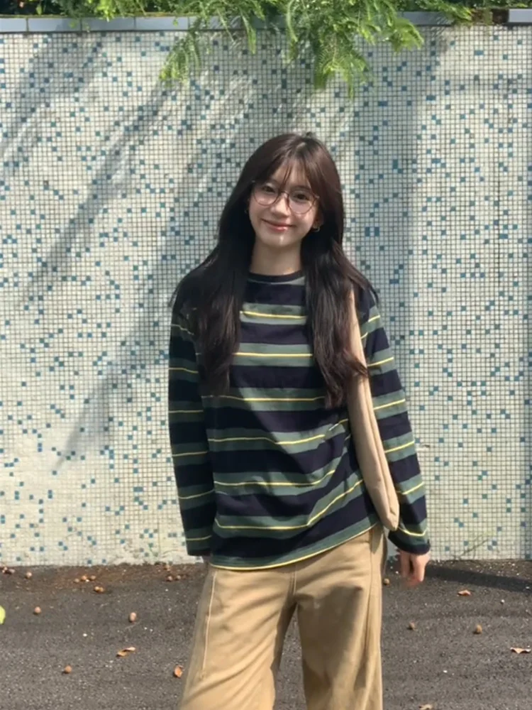 Coreano College Sle Long Sve T-shirt da donna Allentata Casual rotonda Ne Top a righe Umidità ng Cotone assorbente del sudore