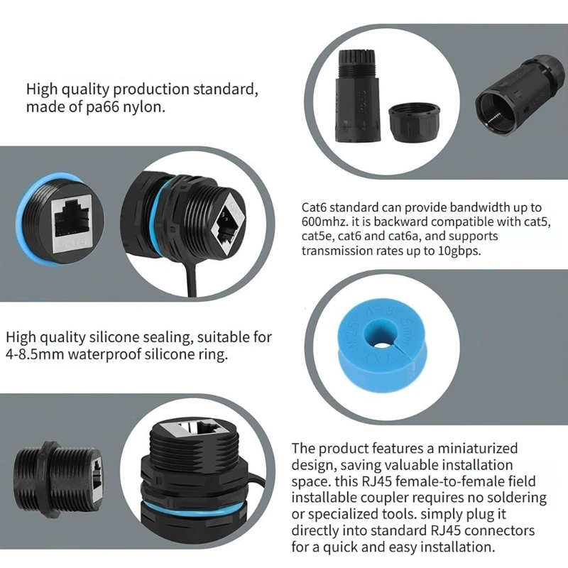 Y1AE RJ45 Cable Coupler CAT6 RJ45 Mount Panel Socket with M25 Threaded Enclosure, Grip Ridges, for Outdoor Cable Extension