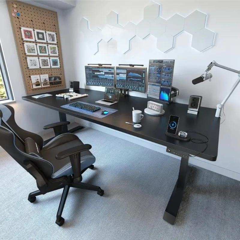 D6 71x37 Inch Electric Lift Desk, Double Beam Cable Management, Suitable For Large 3-section Black Computer Desk For Home Office