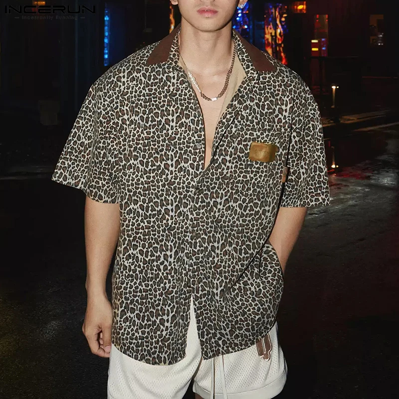 INCERUN Camicia da uomo Stampa leopardata Patchwork Risvolto Manica corta Oversize Abbigliamento uomo Streetwear Vacanza estiva Moda Top 2025