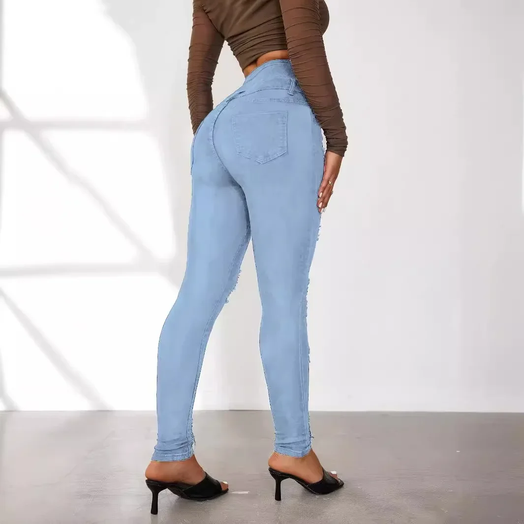 High-waisted Ripped Jeans, Women's Autumn and Winter New Close-fitting Small Leg Pants Pencil Pants, Fashion Slim-fit Jeans Y2k