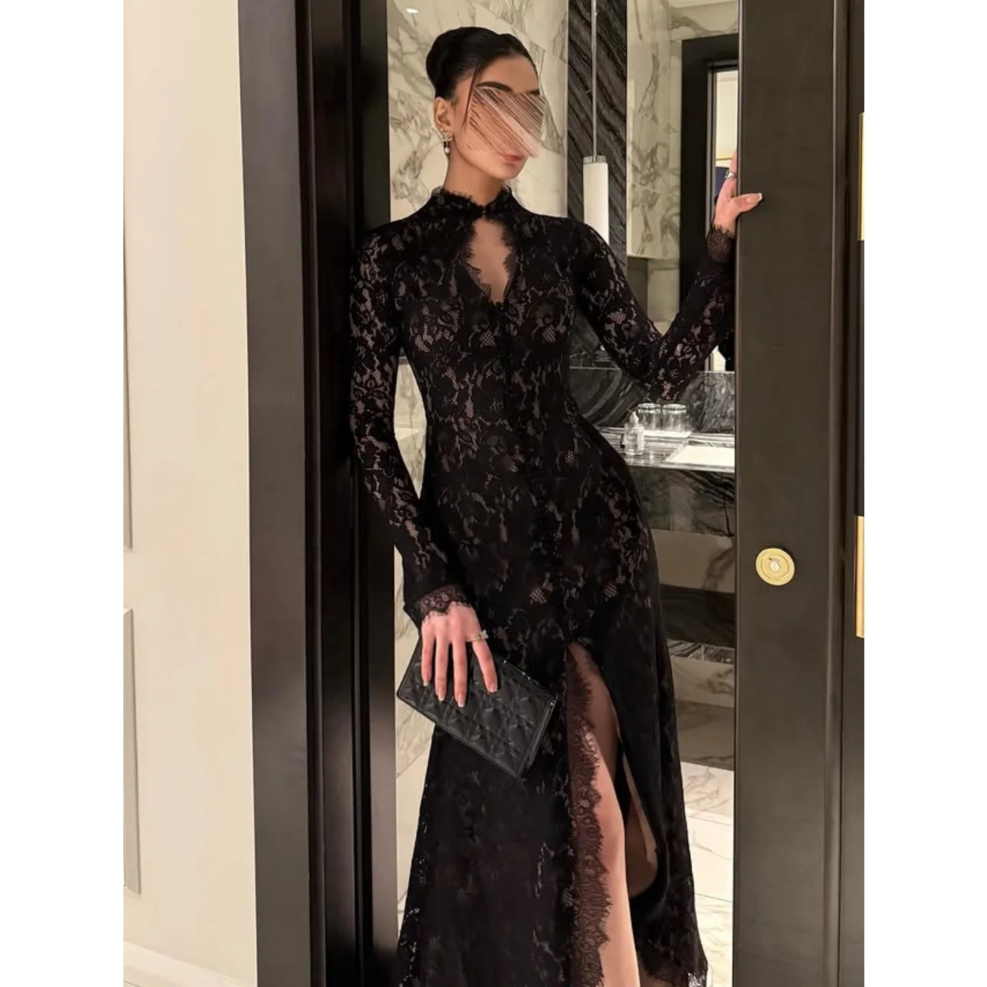 

Black Lace Prom Dresses Pleated Evening Gowns Floor Length Side Split Long Sleeves Customized Formal Occasion Party Dresses