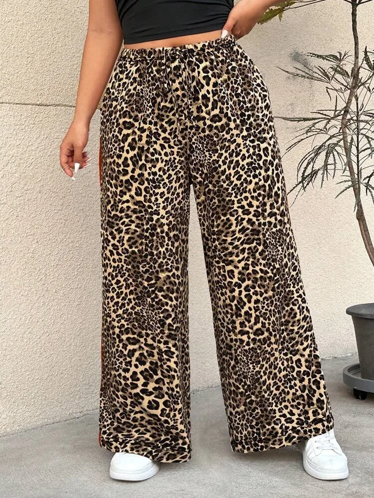 2025 Plus Size Women's Leopard Print Red Stripe Contrasting Printed Pants, Casual Pants, Comfortable Travel And Vacation