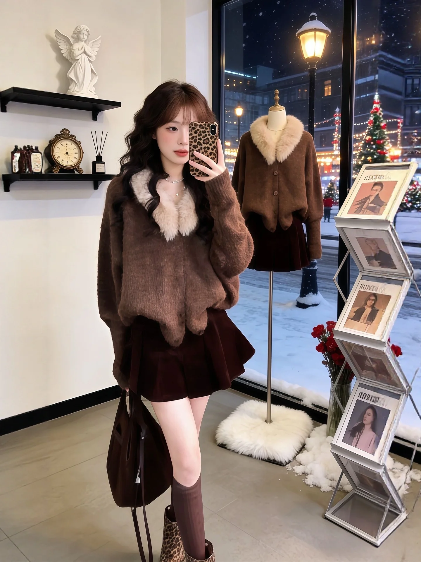 

Winter Vintage Knitted Sweater Coat Set plus Size Women's Faux Fur Collar ort Skirt Pants Warm Comfortable Faion Ensemble