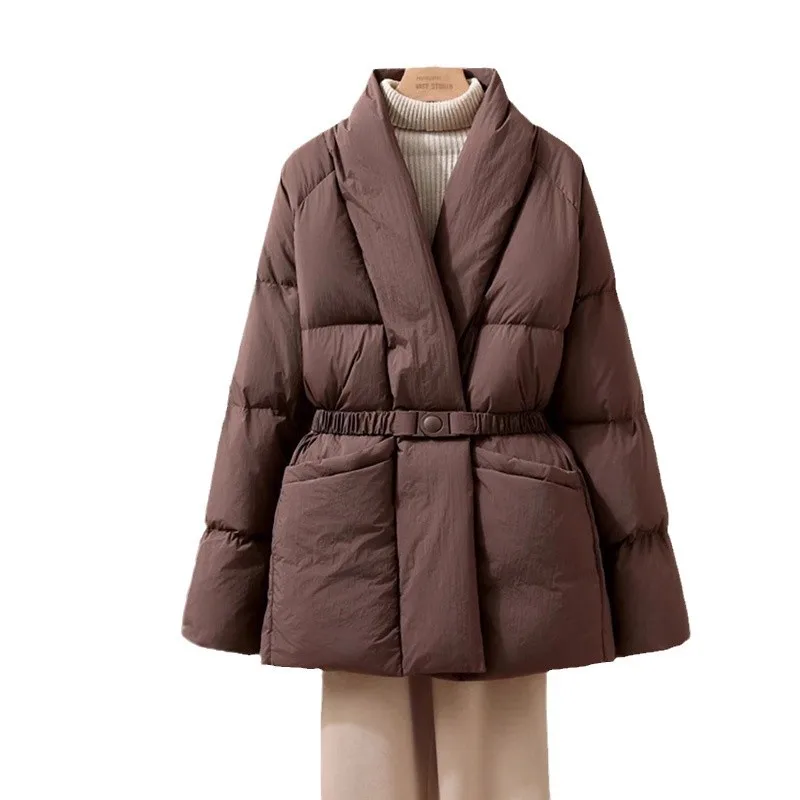 Halflange donsjas voor dames met V-hals - Nieuwe herfst-/winterstijl Modieuze taille met riem, losse pasvorm, warme jas Trendy