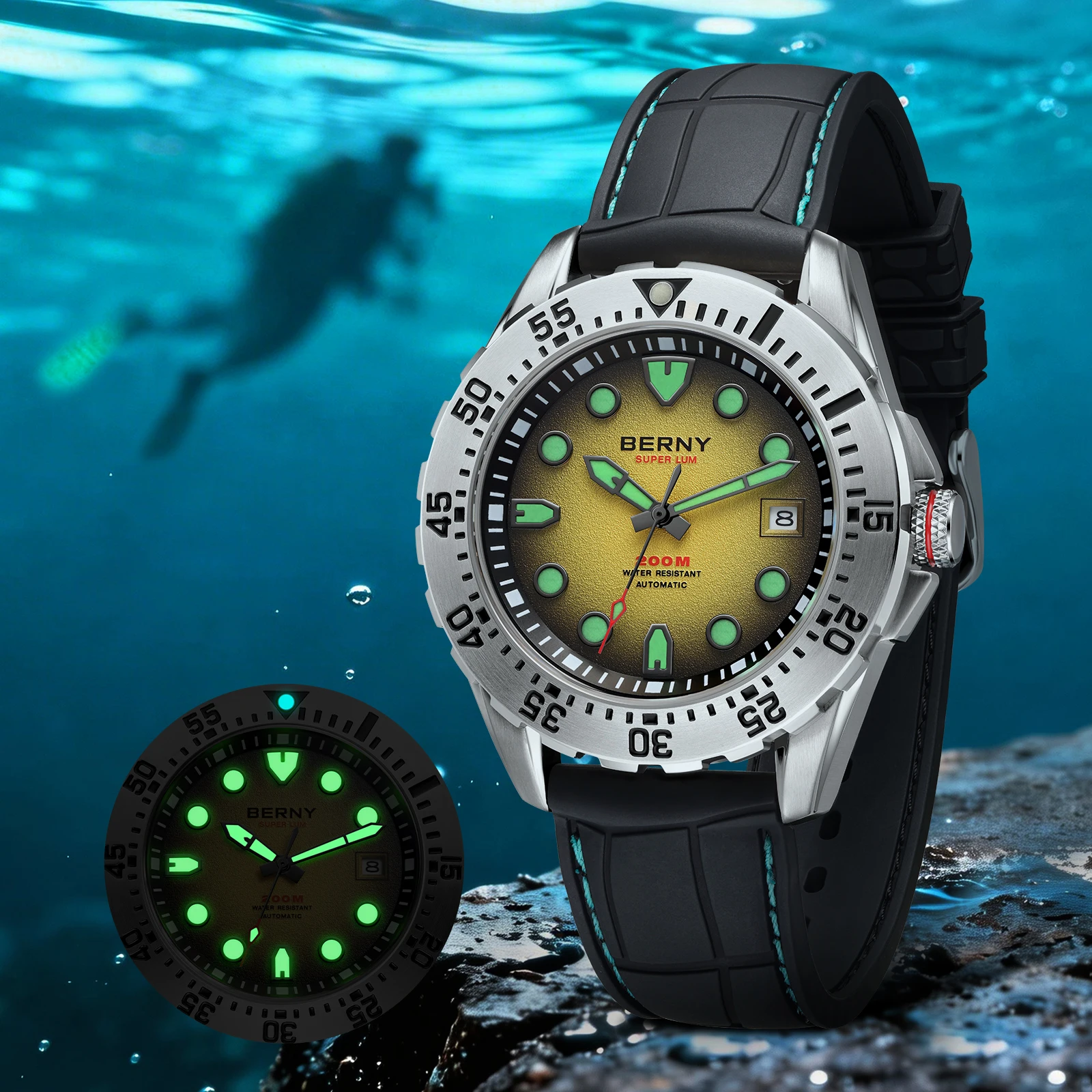 

BERNY Automatic Diver Watch for Men Frosted Dial MIYOTA 8215 316L Supper Luminous Sapphire AR Fluororubber Men's Diving Watches