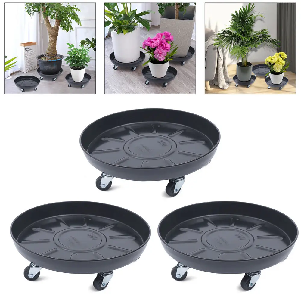 

3x Movable Flower Stand w/Wheel Plant Planter Trolley Rolling Home Outdoor Caddy