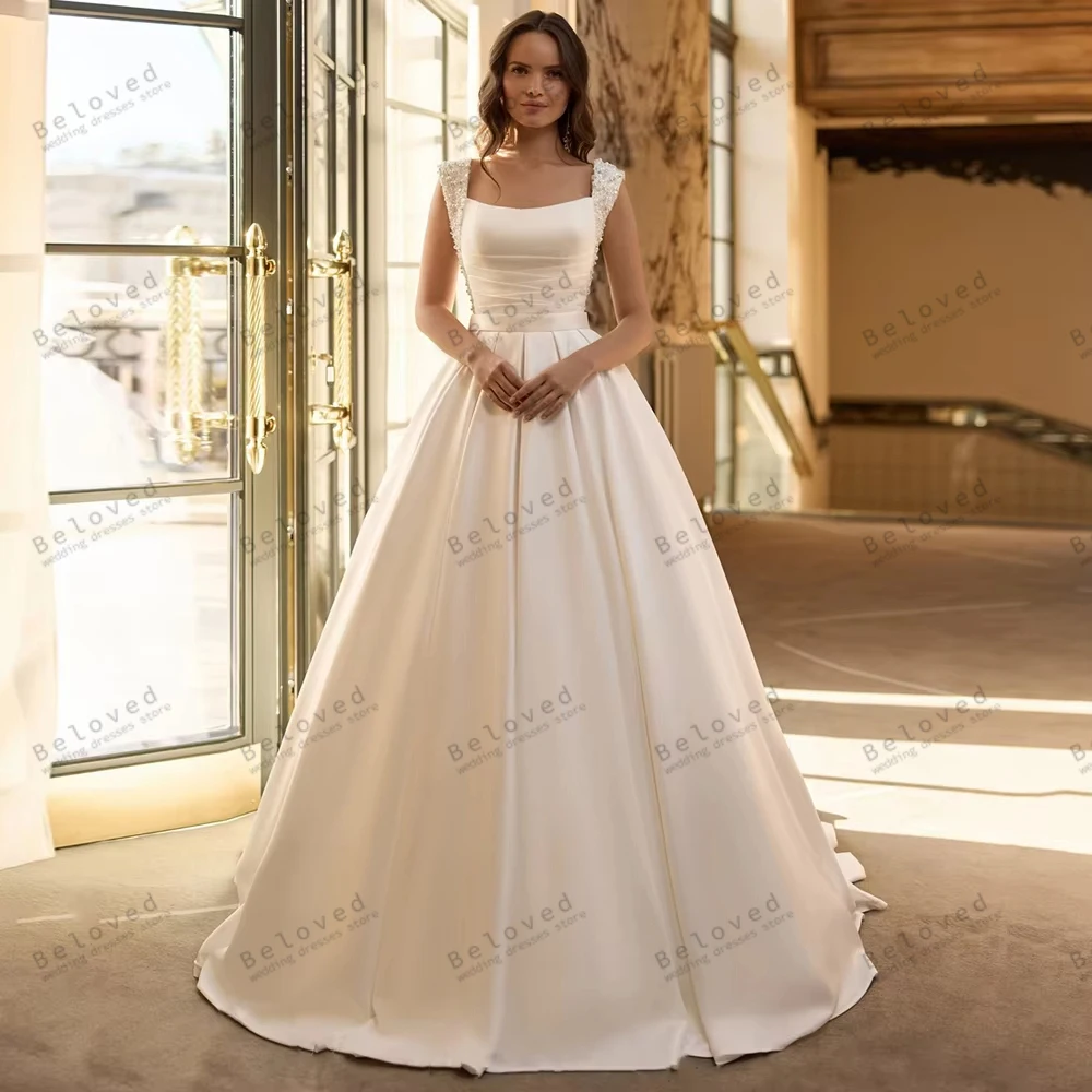 Charming Wedding Dresses Satin Bridal Gowns Beading Appliques Sleeveless Square Collar Robes Vestidos De Novia Customized 2026