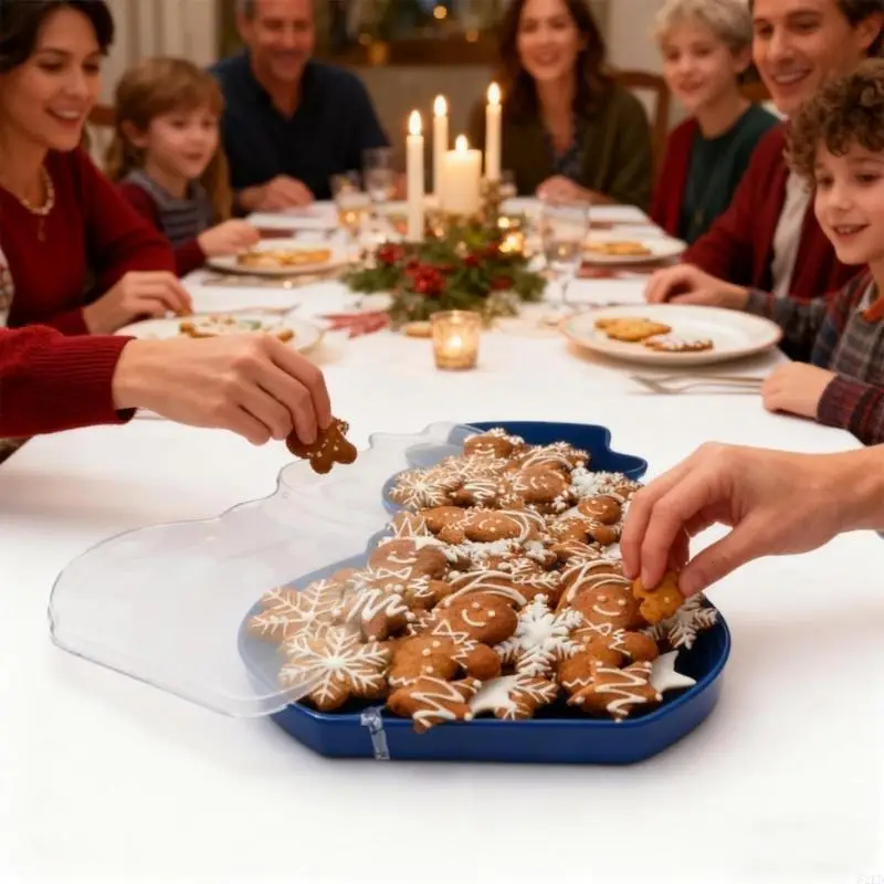 62KD Christmas Serving Tray & Festive Christmas Biscuit Storage with Lid Holiday Snowflake Tree Character Container for Snacks