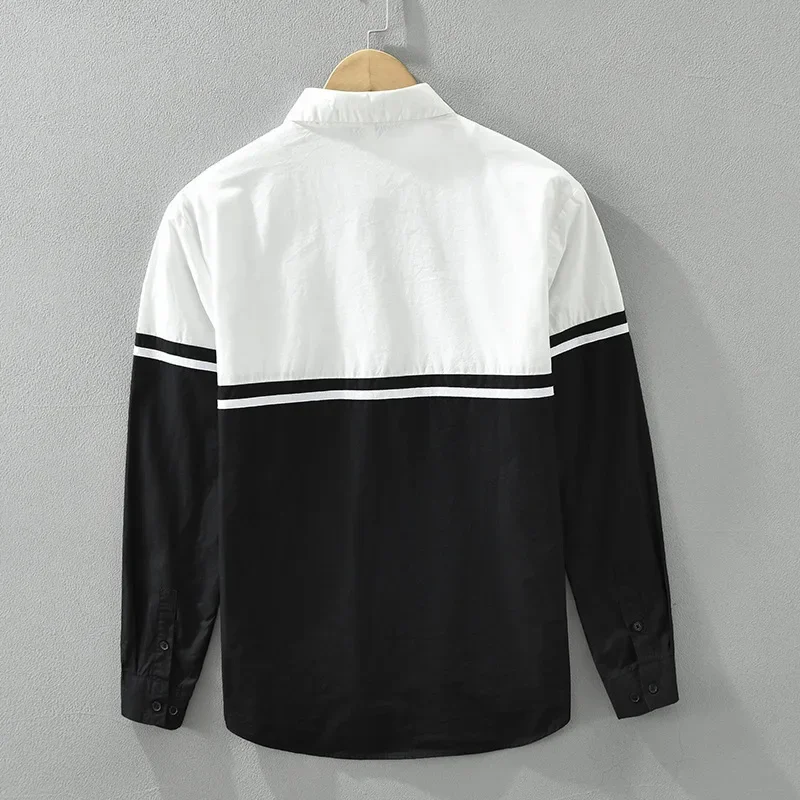 Korean Fashion Mens Long Sleeve Shirts Streetwear Black White Patchwork Shirt Pure Cotton Top Spring Summer Casual Men Clothing