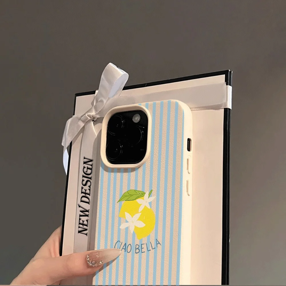 Koreanischer Stil Blaue Streifen Zitronen-Print Handyhülle für iPhone 17 16 15 14 13 12 11 Pro Max Plus 17 XR Silikon Matt Weiche Hülle – Detail 3