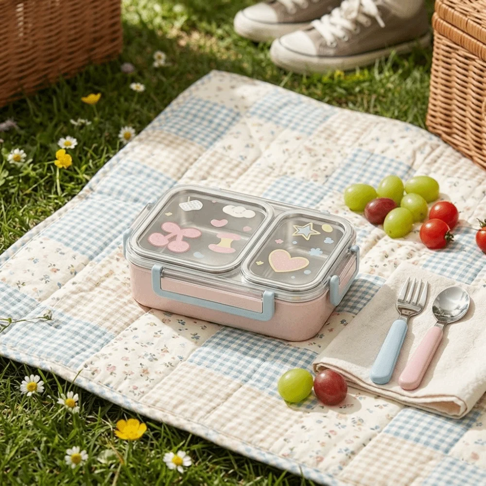 2/3 Grids Stainless Steel Lunch Box Microwave-Safe with Compartments Insulated Lunch Box 700ml Airtight Snack Box Camping