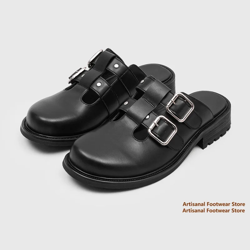 Men's Double Buckle Mule Sandals Closed Toe Cut-Out Leather Slip-On Slippers Thick Sole Backless Casual Shoes Trendy Men's Shoes
