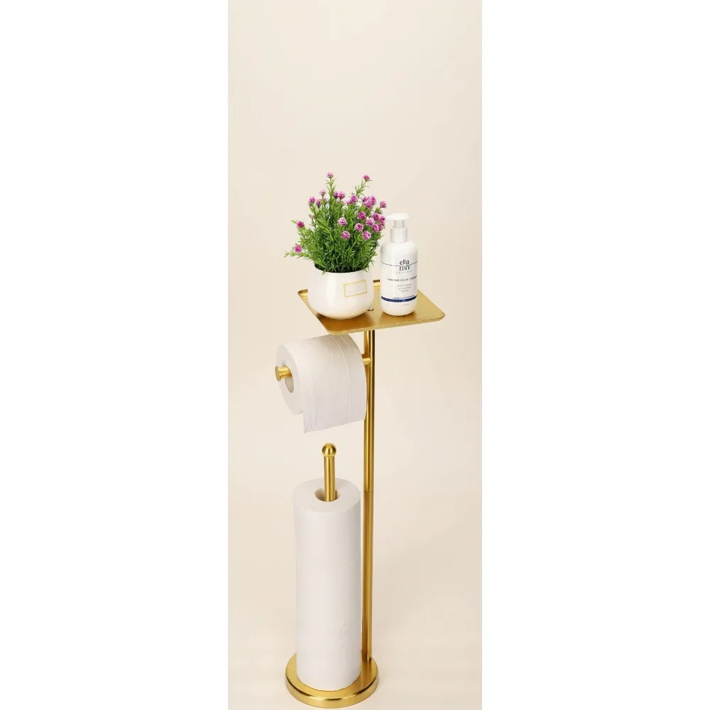 

Gold Freestanding Toilet Paper Holder Stand with Tray and Storage for 4 Rolls, Modern Bathroom Organizer for Small Spaces