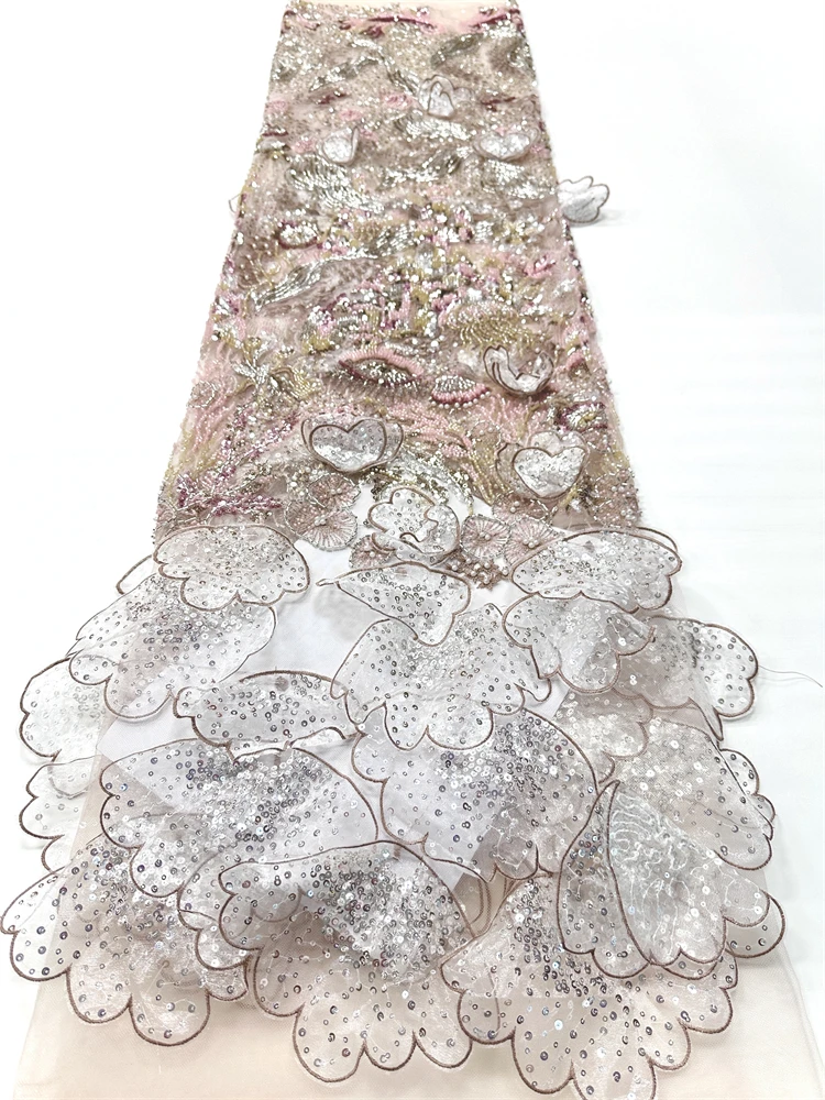 Neuester französischer Spitzenstoff mit 3D-Blumenmuster und Perlen, hochwertige Netz-Applikation, Netz-Spitzenstoffe, 5 Yards für Hochzeits- und Partykleider