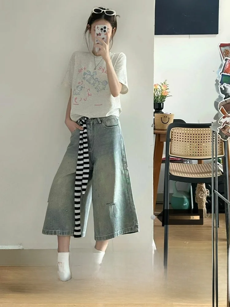 

High Waist American Sle Wide Leg Seven-Foot Denim Jeans Women's Vintage Ripped Design Spring New Straight Cut Trendy Pants