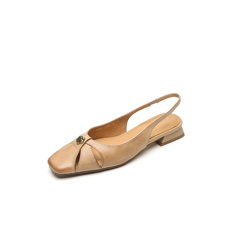 

Fashion Closed Toe Sandals Chunky Heel 2cm Square Toe Cut-Out Back Strap Elastic Gold Accent Genu Cow Leather Rubber Sole