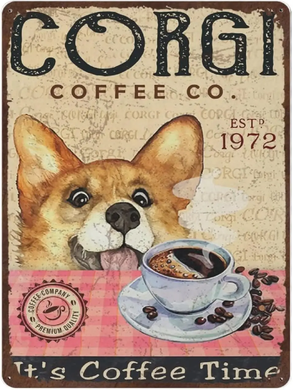 Antique Durable Thick Metal Sign, Corgi Dog Poster, Corgi Dog Coffee Tin Sign, Coffee Decorations for Kitchen, Novelty Sign