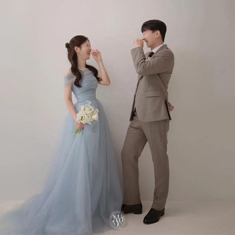 Fancy Simple Strapless Blue Wedding Dress A Line Soft Satin Korea Photo Shoot Bridal Gown Sleeveless Back Corset Customized
