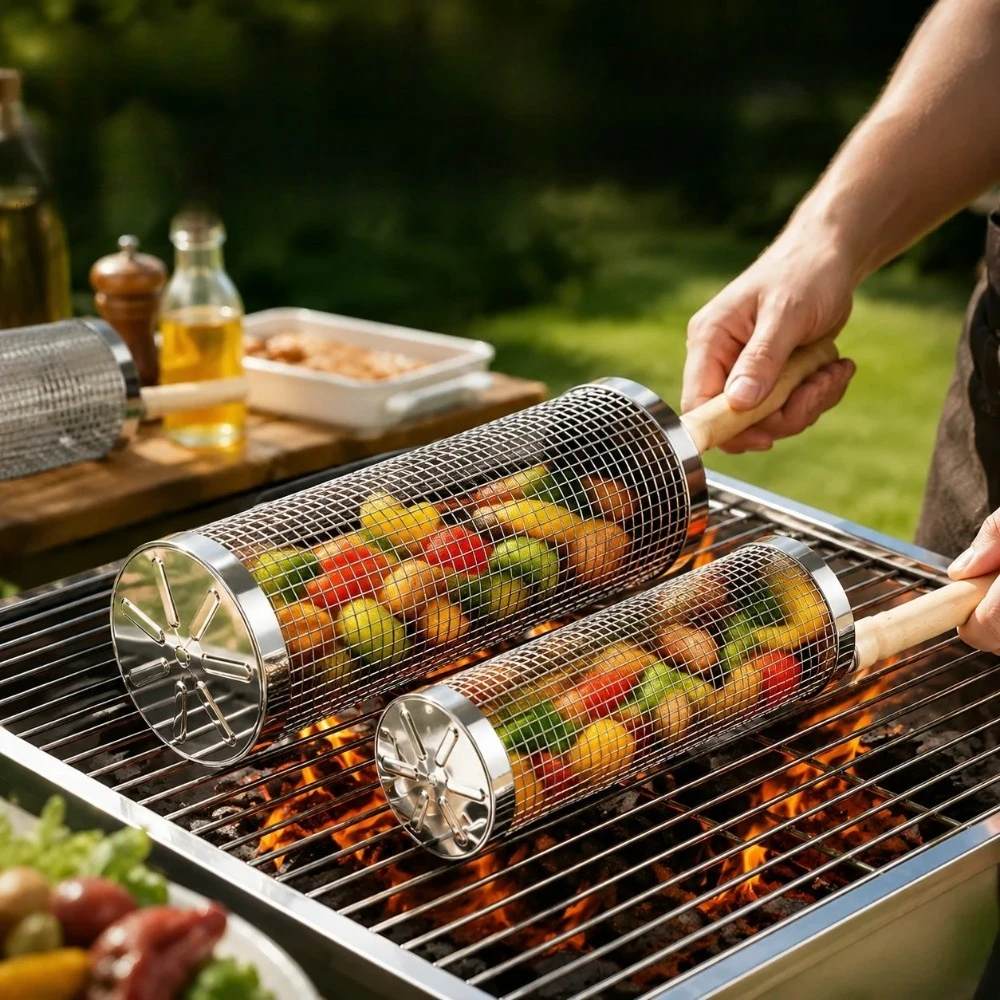 304 Stainless Steel Round Barbecue Cage ,Rolling Barbecue Grill Net tube,Portable BBQ Grill Mesh,Barbecue Basket Outdoor Camping