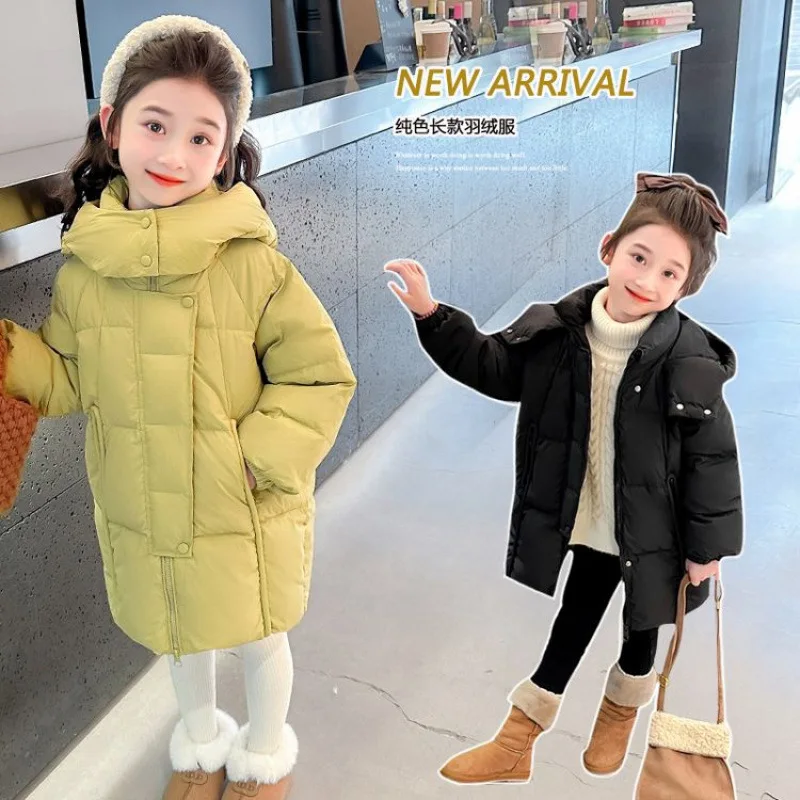 

2200, осенне-зимнее длинное пуховое пальто для девочек, однотонное пуховое пальто с капюшоном, ветрозащитные топы, детская одежда, легкая и удобная