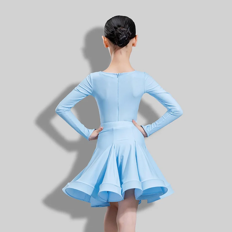 Vêtements de concours de danse latine professionnelle pour enfants, Costume fendu à manches longues pour filles, Costume de spectacle latin Chacha DN22462