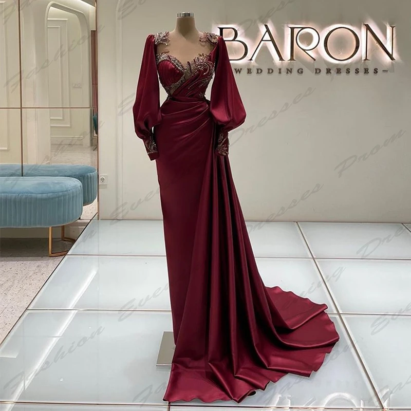 Sexy Satin Evening Dresses For Women Fashion Off Shoulder Fluffy Long Sleeves Elegant Simple Mopping Party Customized Prom Gowns