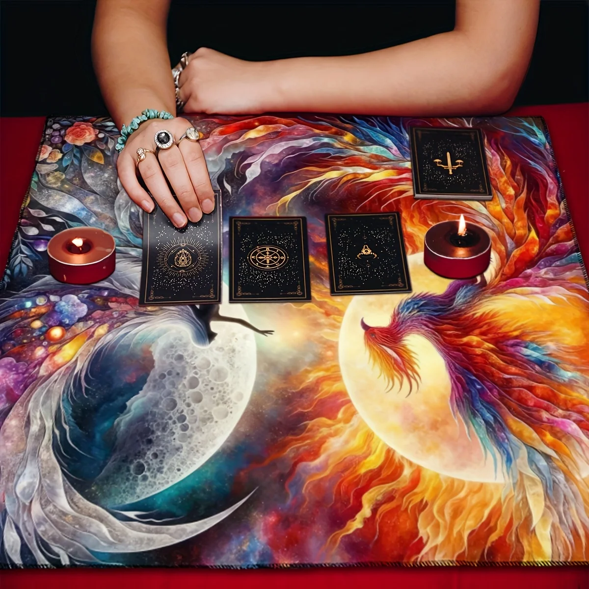 1pc Vibrant Fire & Ice Phoenix Altar Cloth, Mystic Tarot Tablecloth for Divination, Party Decor and Astrological Guidance
