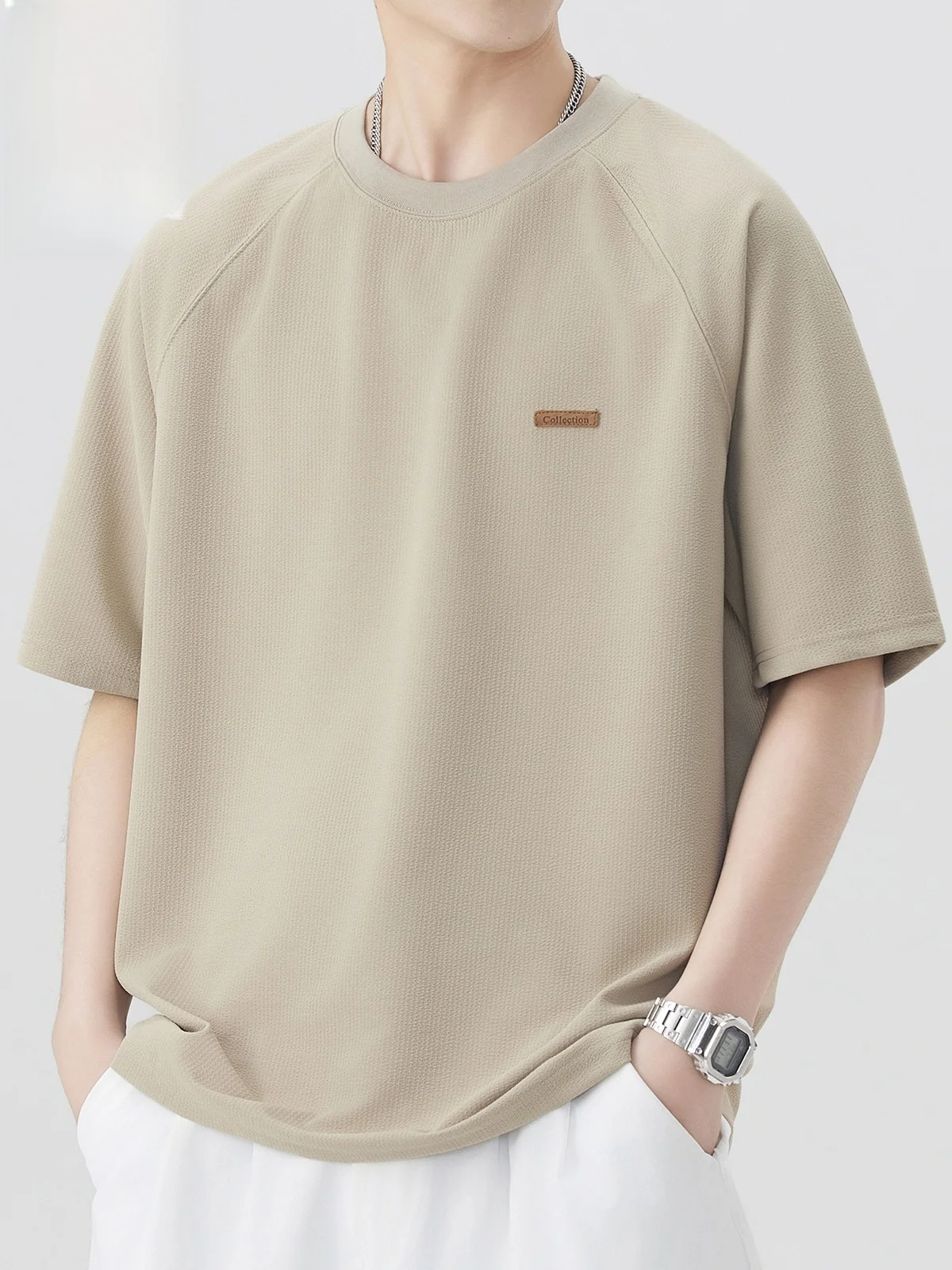 

Мужская футболка с коротким рукавом, свободного кроя, с круглым вырезом, летняя, модная, текстурированная, из полиэфирного волокна, с защитой от сминания.