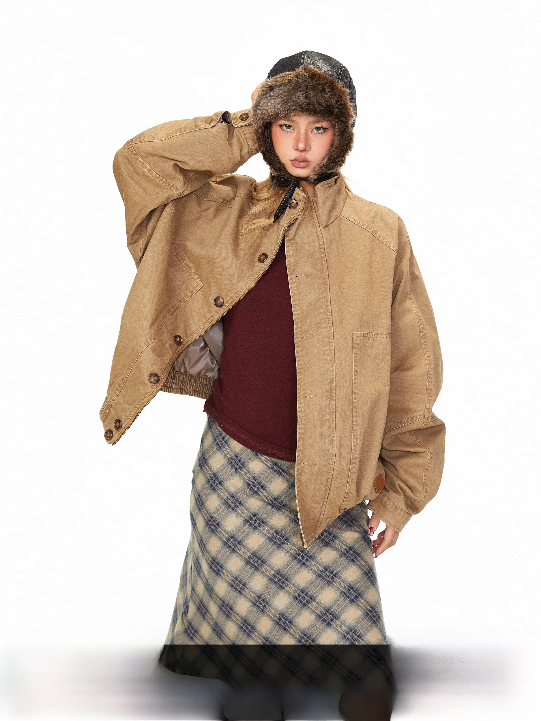 

Blabb American Retro High Collar Workwear Jaet Women's Autumn Winter New Casual Versatile ort Coat Top Cotton Loose Fit