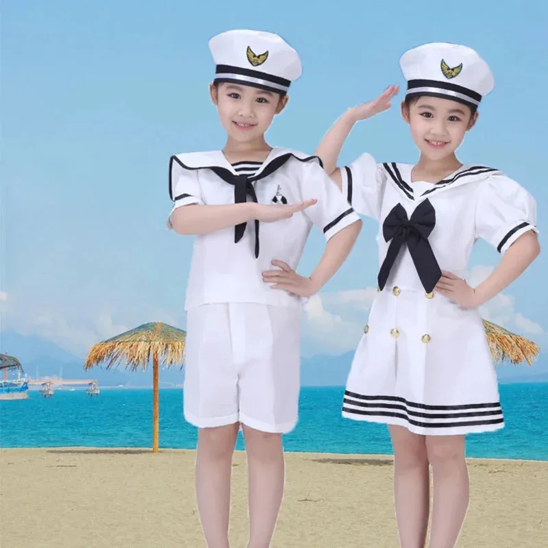 Children White Navy Military Uniform Girls Dress with Set 3PCs Performance Dance Wear Cosplay Costumes Kids Boys Sailor Suits OI