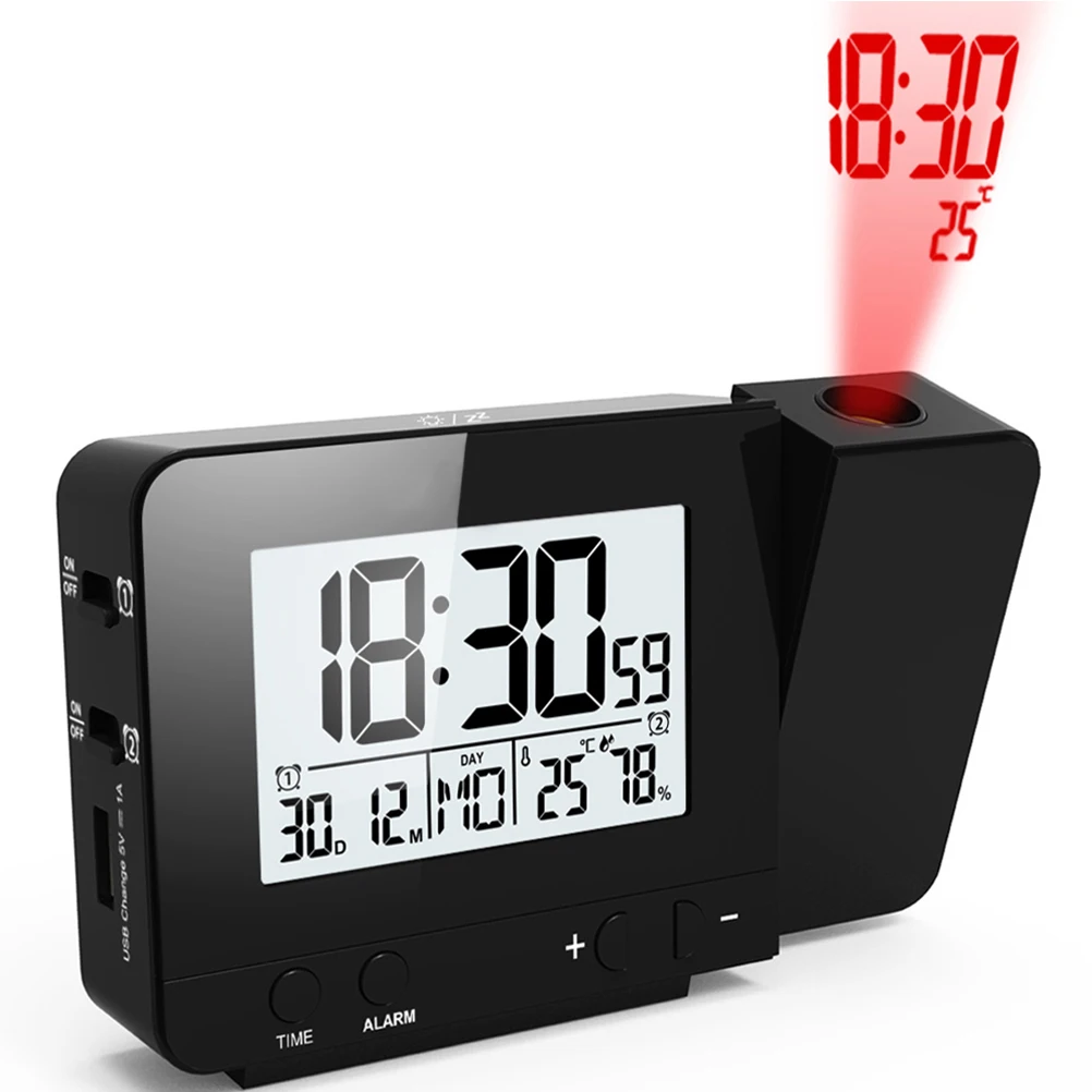 

Projection LED Alarm Clock Multi Function USB Powered Desk Home Office School Week Display Temperature Humidity Double Alarm