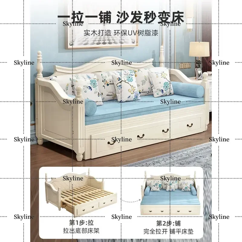 American Solid Wood Sofa Bed Dual Purpose Small Apartment Living Room Telescopic Foldable Double Multi Functional Sitting