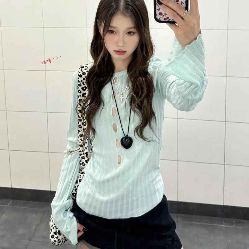 Women Chic‑Unique Green Open‑Knit‑Cut‑Out Knit Sweater Lady Innocent‑Alluring Soft‑Gentle Cozy Slim Long‑Sleeve Fashion Knit Top
