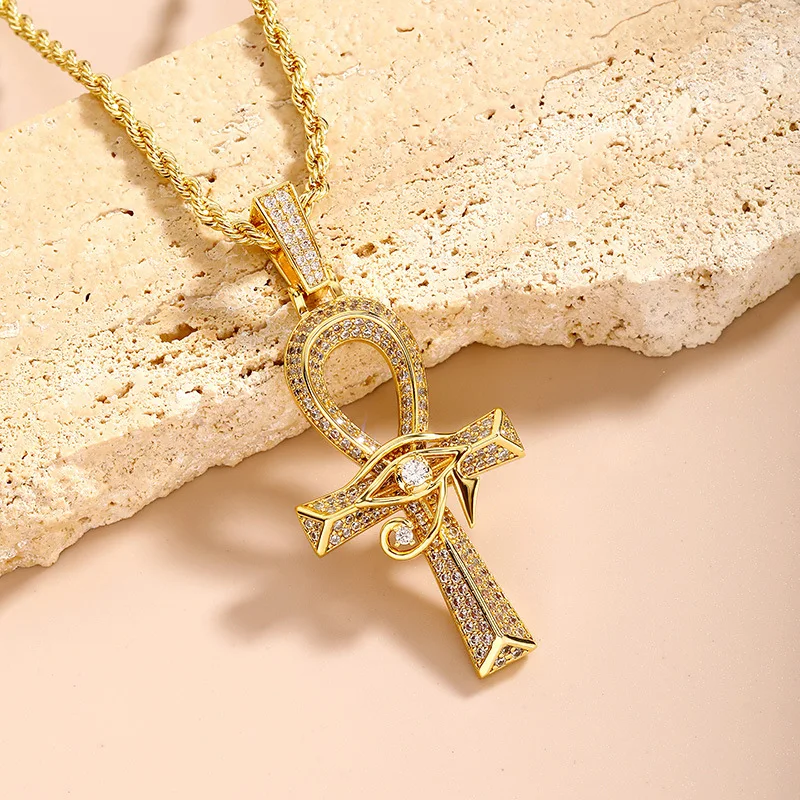 Iced Out Ancient Egyptian Eye Of Horus Ankh Cross Pendant Necklace Premium Copper Inlaid Sparkling Zircon Vintage Hip Hop Lucky