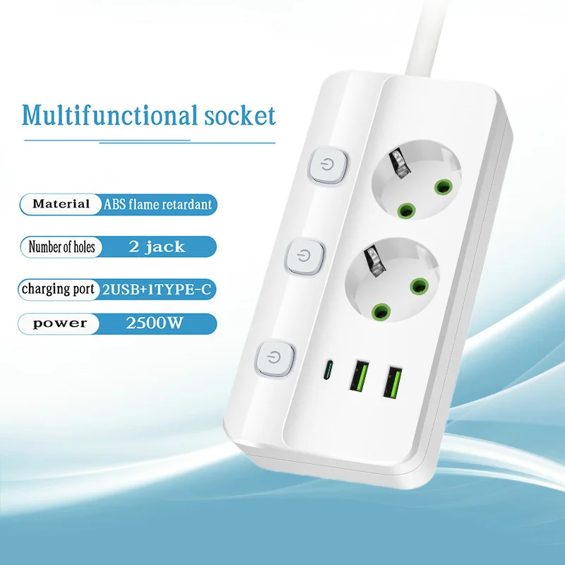 الأبيض 2 متر تمديد كابل الاتحاد الأوروبي التوصيل القياسية المقبس USB و Type-C منافذ الشحن LED التبديل المستقل 2500 واط تصنيف الطاقة