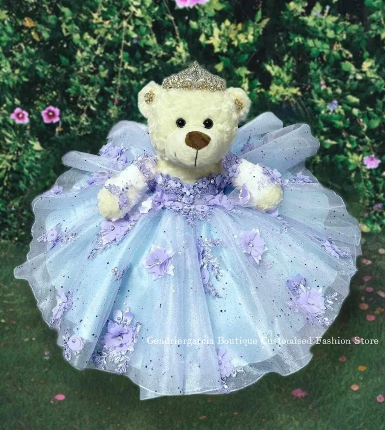 Blue Purple Mexican Mini Quinceanera Teddy Bear Dress Exquisite 3D Flower Embroidery Lace Tulle Quinceanera Customised