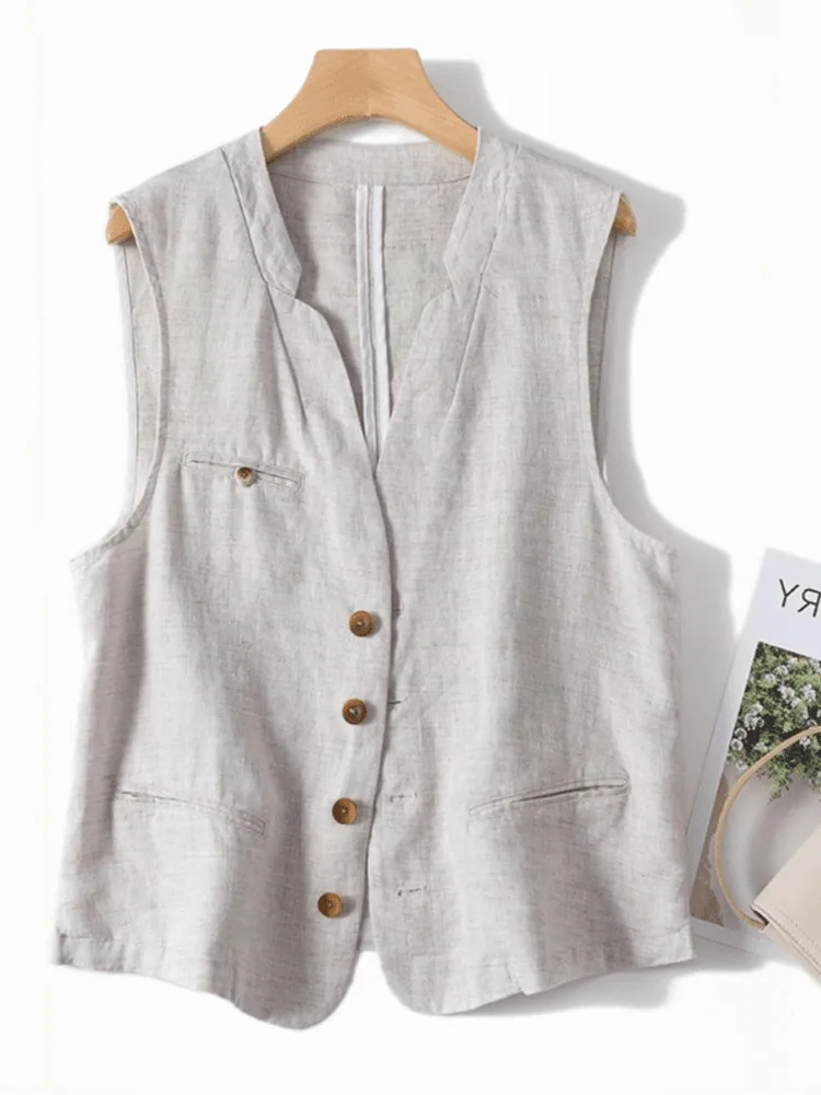Linen V-neck  Vest Women's Style Summer Shoulder Pad Thin Fashionable Inner Wear Layered Vest Top Button Detail