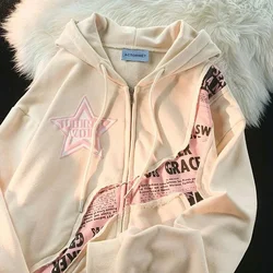 Patchwork Zipper Plush Hooded Coats Y2k Harajuku Letter Print Design Sweatshirts Streetwear Gothic Jackets Loose Coats For Women