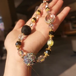 Mobile Phone Lanyard with Full Diamond Black Gold Crystal Beads Anti Loss Lanyards Short Colored Diamond Gemstone Wrist Bracelet