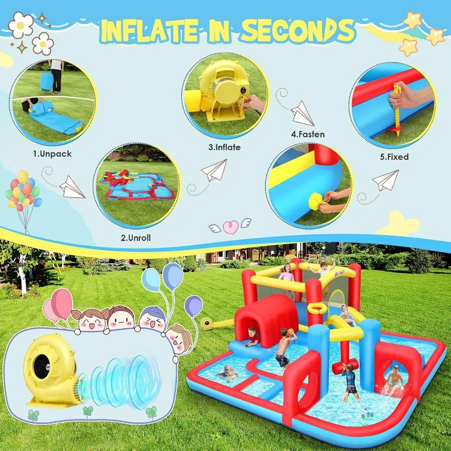 Opblaasbaar springhuis voor kinderen, 10-in-1 waterglijbaan achtertuin met ventilator, waterpark met waterkanonnen, basketbalring, tunne