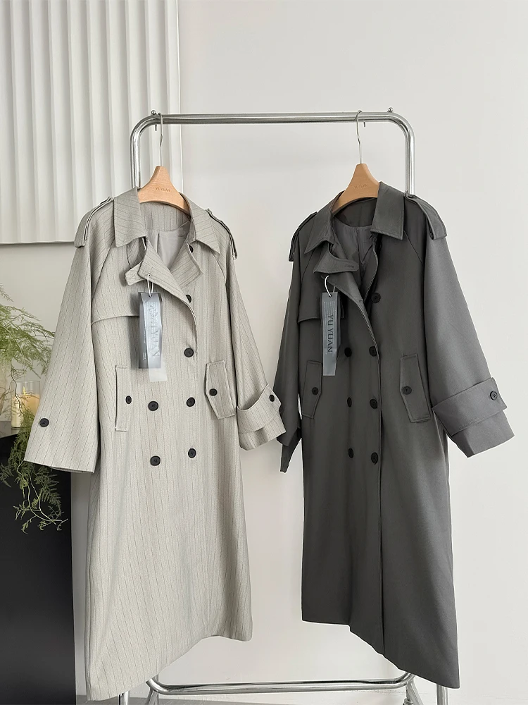 Women's Grey Trench Coat Korean Loose Long Windbreaker with Belt Harajuku Vintage Double Breasted Outerwear Winter 2000s Clothes